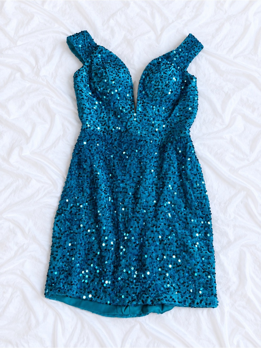 Sparkling Teal Sequin Mini Dress with V-Neck
